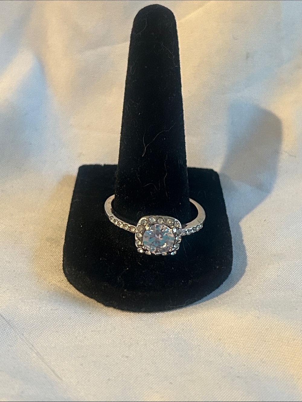 Silver Tone Halo Engagement Ring with Clear Center Stone
